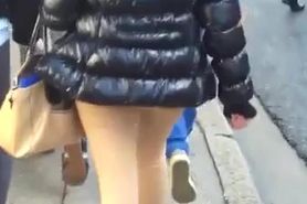 Candid street, petite pants and shiny down jacket