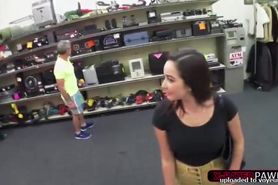 Brunette and hot college student trades her body for cash in the shop