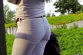 Candid - Sexy Girl In Tight White Jeans With Great Ass