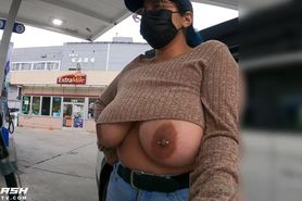 big boobs in gas station