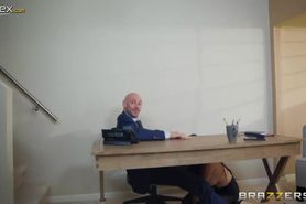 Brenna Sparks in ripped pantyhose is fucked by bald headed macho Johnny Sins