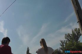 Golden-Haired upskirt video with strings
