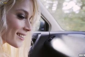 Sexy blond passenger sweet cat gives a blowjob in a car and rides dick like crazy bitch