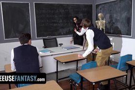 Curvy Teacher gets fucked by 3 Students in Classroom