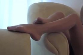 Sexy Blonde White Pantyhose Foot Tease On Chair