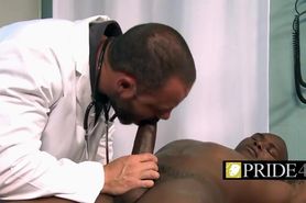 Gay doctor checking penis firmness with mouth