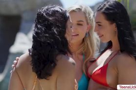 Three busty girl enjoy threesome sex