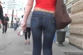Tight street jeans blonde gets followed by a voyeur