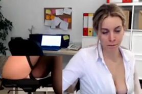 Horny receptionists gives camshow in the office