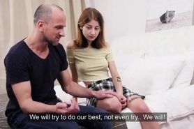 Adorable European girl looks sad and shy in her first video