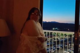 Mrs kitty flaunting it on hotel balcony on vacation