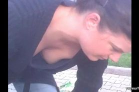 Brunette milf shaggy tits downblouse caught in the street
