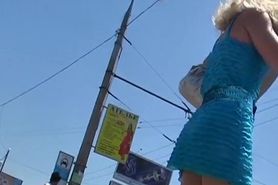 Golden-Haired in blue upskirts