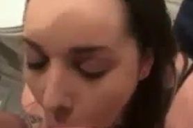 Cute girl gives blowjob and gets facial in Bathroom