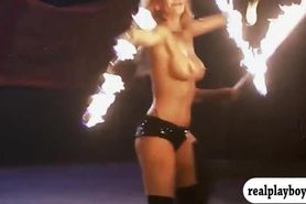 Sexy babes fire dancing and give massage to horny men