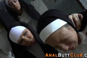 Nun gagging on anal toy