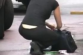 Woman in Candid Pants in Sitting Pose (+slow motion)