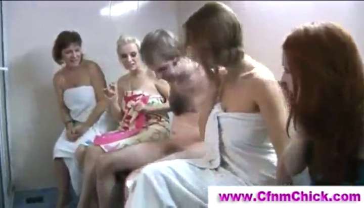 Handjob in the sauna with cfnm ladies 