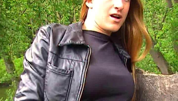 Blonde in leather pants and leather jacket masturbating outdoors TNAFlix Porn Videos photo