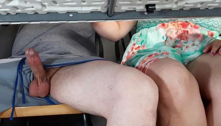 Step mother gives son unwanted handjob at beachside cafe under table